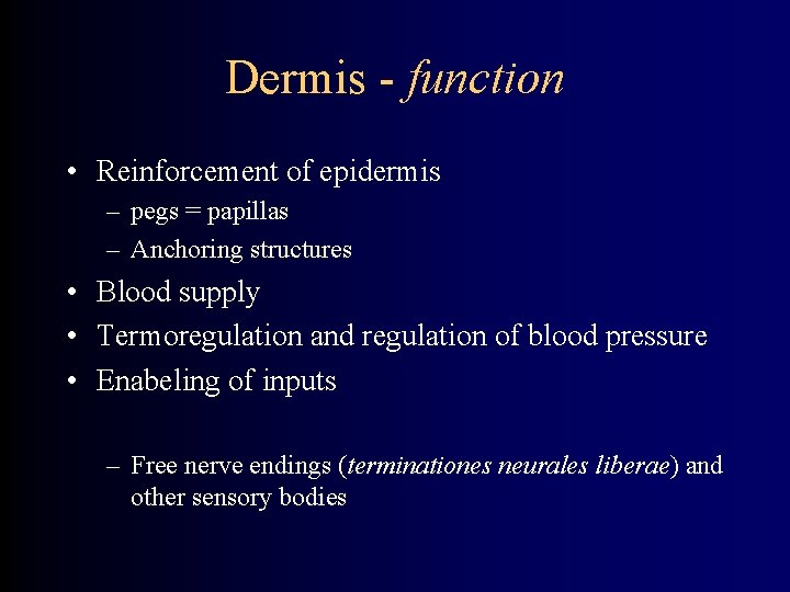 Dermis - function • Reinforcement of epidermis – pegs = papillas – Anchoring structures