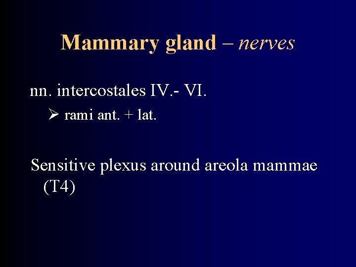 Mammary gland – nerves nn. intercostales IV. - VI. rami ant. + lat. Sensitive