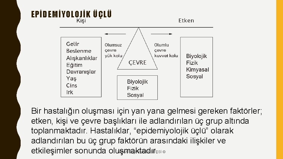 EPİDEMİYOLOJİK ÜÇLÜ Bir hastalığın oluşması için yana gelmesi gereken faktörler; etken, kişi ve çevre