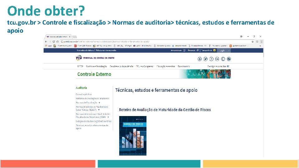 Onde obter? tcu. gov. br > Controle e fiscalização > Normas de auditoria> técnicas,