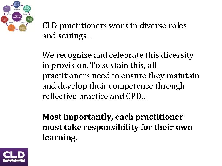 CLD practitioners work in diverse roles and settings. . . We recognise and celebrate CLD practitioners work in diverse roles and settings. . . We recognise and celebrate