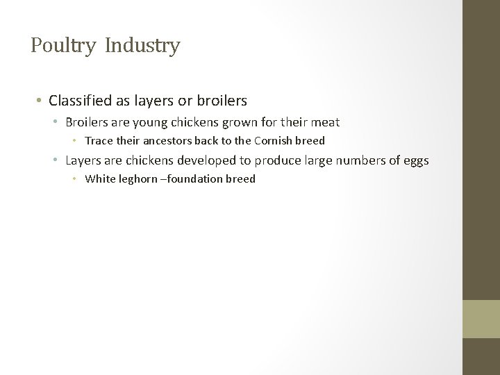 Poultry Industry • Classified as layers or broilers • Broilers are young chickens grown