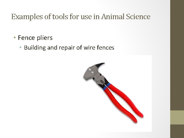 Examples of tools for use in Animal Science • Fence pliers • Building and