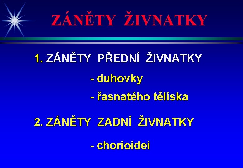 ZÁNĚTY ŽIVNATKY 1. ZÁNĚTY PŘEDNÍ ŽIVNATKY - duhovky - řasnatého tělíska 2. ZÁNĚTY ZADNÍ
