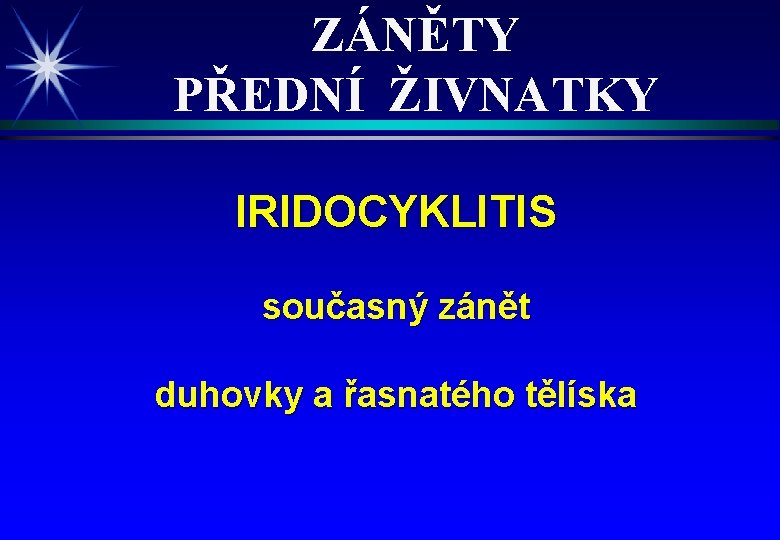 ZÁNĚTY PŘEDNÍ ŽIVNATKY IRIDOCYKLITIS současný zánět duhovky a řasnatého tělíska 