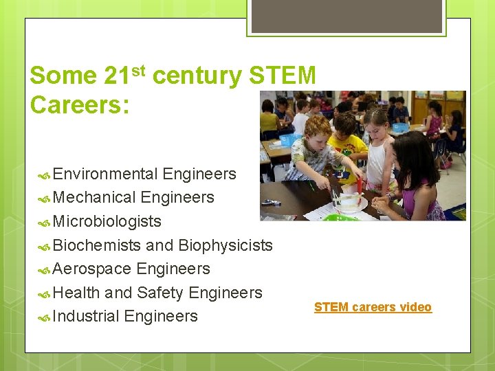 Some 21 st century STEM Careers: Environmental Engineers Mechanical Engineers Microbiologists Biochemists and Biophysicists