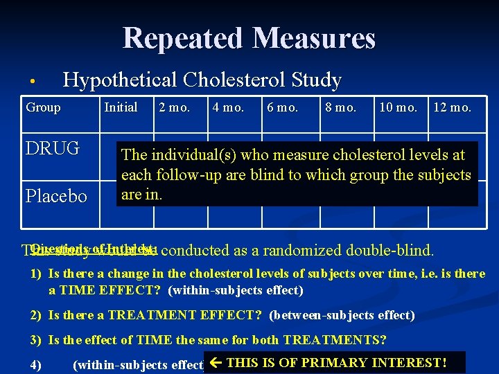 Repeated Measures • Hypothetical Cholesterol Study Group Initial DRUG Placebo 2 mo. 4 mo.