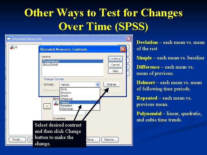 Other Ways to Test for Changes Over Time (SPSS) Deviation – each mean vs.