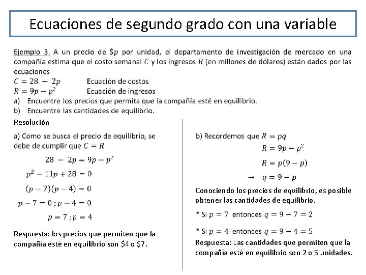 Ecuaciones de segundo grado con una variable Resolución Conociendo los precios de equilibrio, es