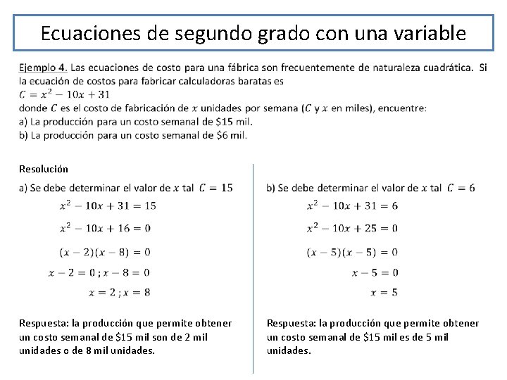 Ecuaciones de segundo grado con una variable Resolución Respuesta: la producción que permite obtener