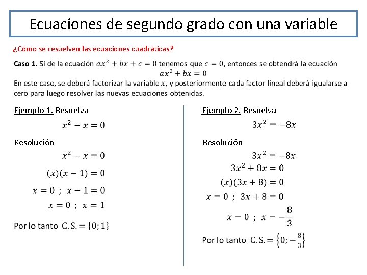 Ecuaciones de segundo grado con una variable ¿Cómo se resuelven las ecuaciones cuadráticas? Ejemplo