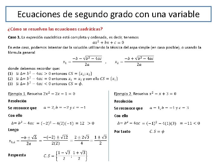 Ecuaciones de segundo grado con una variable ¿Cómo se resuelven las ecuaciones cuadráticas? Resolución