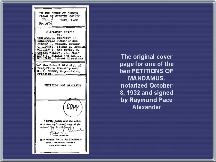 The original cover page for one of the two PETITIONS OF MANDAMUS, notarized October