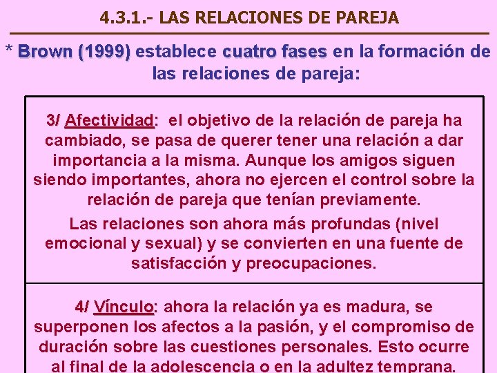 4. 3. 1. - LAS RELACIONES DE PAREJA * Brown (1999) establece cuatro fases