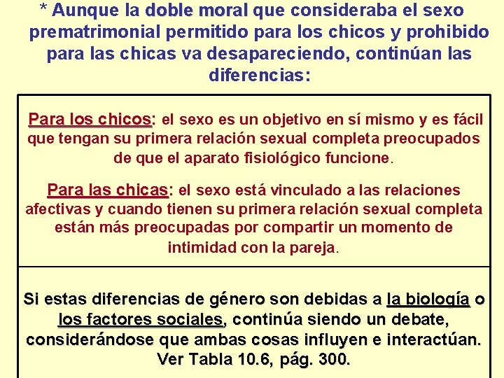 * Aunque la doble moral que consideraba el sexo prematrimonial permitido para los chicos