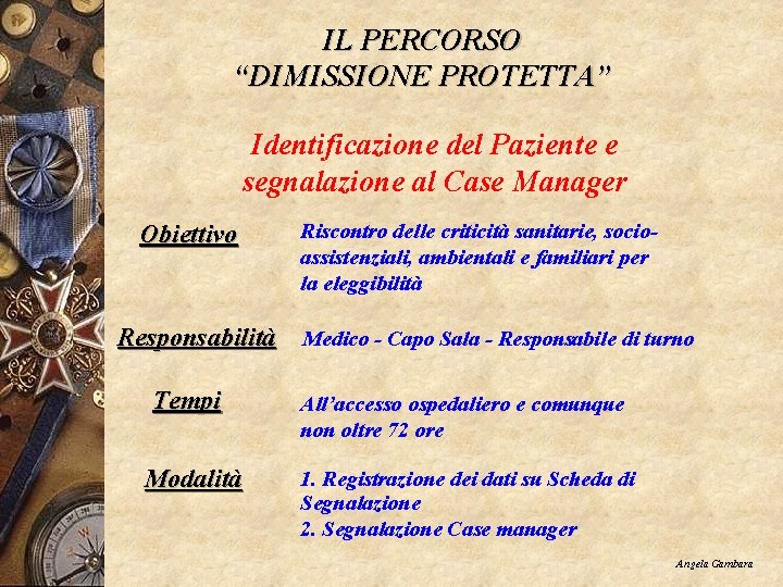 IL PERCORSO “DIMISSIONE PROTETTA” Identificazione del Paziente e segnalazione al Case Manager Obiettivo Riscontro