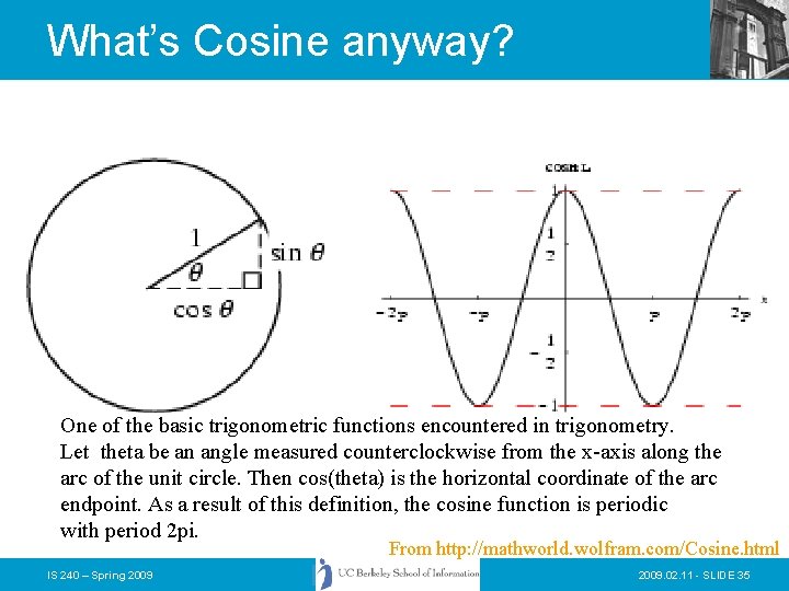 What’s Cosine anyway? One of the basic trigonometric functions encountered in trigonometry. Let theta