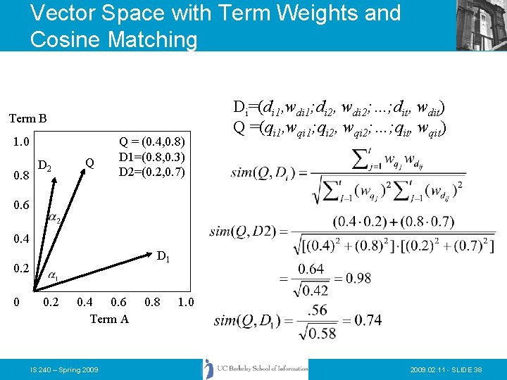 Vector Space with Term Weights and Cosine Matching Term B 1. 0 0. 8