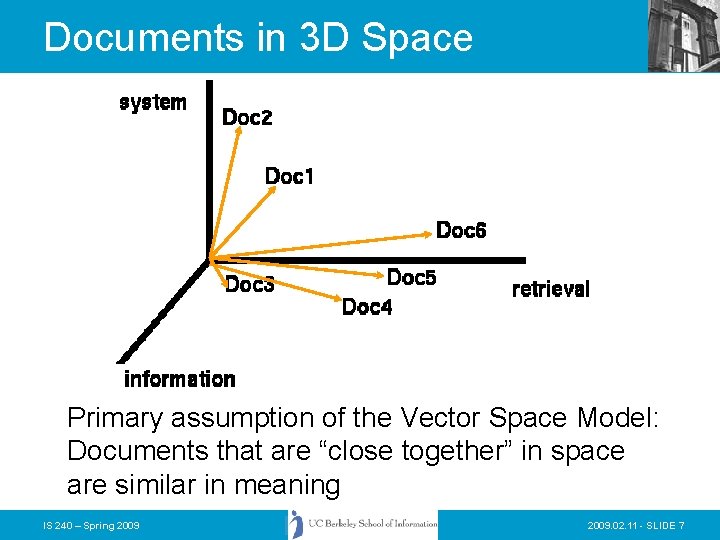 Documents in 3 D Space Primary assumption of the Vector Space Model: Documents that
