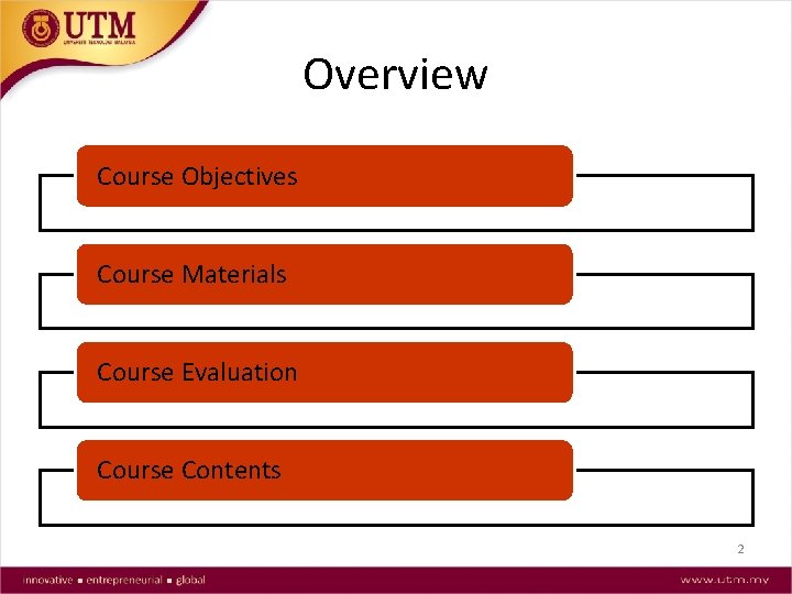 Overview Course Objectives Course Materials Course Evaluation Course Contents 2 