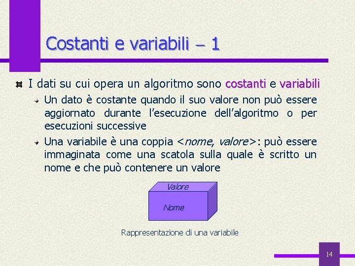 Costanti e variabili 1 I dati su cui opera un algoritmo sono costanti e