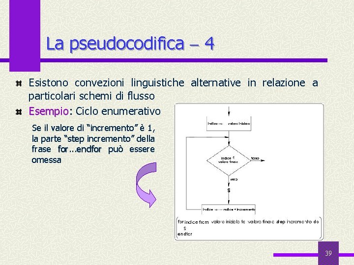 La pseudocodifica 4 Esistono convezioni linguistiche alternative in relazione a particolari schemi di flusso