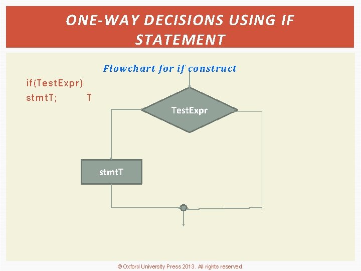 ONE-WAY DECISIONS USING IF STATEMENT Flowchart for if construct if(Test. Expr) stmt. T; T