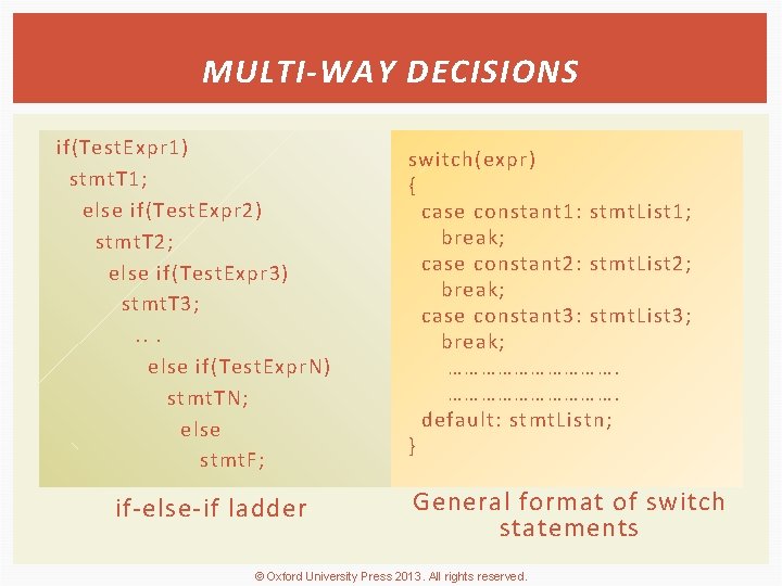 MULTI-WAY DECISIONS if(Test. Expr 1) stmt. T 1; else if(Test. Expr 2) stmt. T