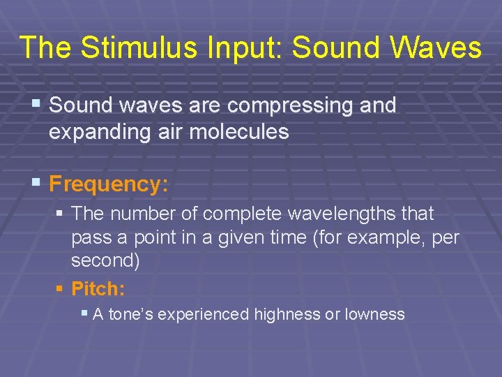 The Stimulus Input: Sound Waves § Sound waves are compressing and expanding air molecules