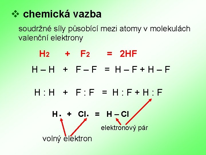 v chemická vazba soudržné síly působící mezi atomy v molekulách valenční elektrony H 2