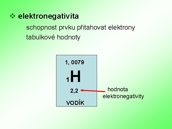 v elektronegativita schopnost prvku přitahovat elektrony tabulkové hodnoty 1, 0079 1 H 2, 2