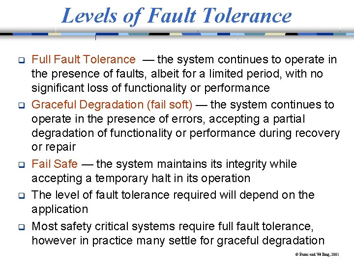 Levels of Fault Tolerance q q q Full Fault Tolerance — the system continues