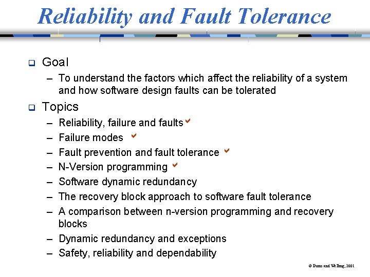 Reliability and Fault Tolerance q Goal – To understand the factors which affect the