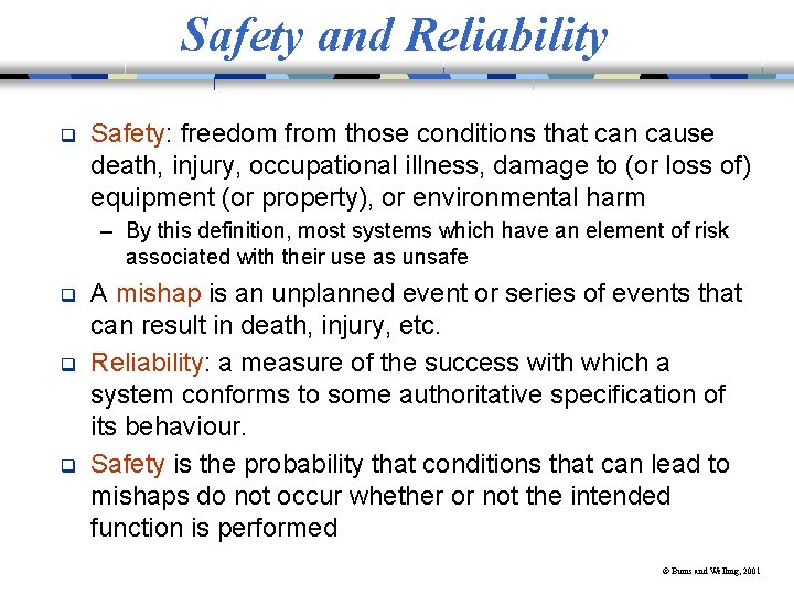 Safety and Reliability q Safety: freedom from those conditions that can cause death, injury,