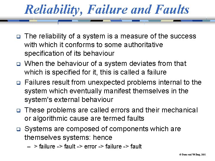 Reliability, Failure and Faults q q q The reliability of a system is a