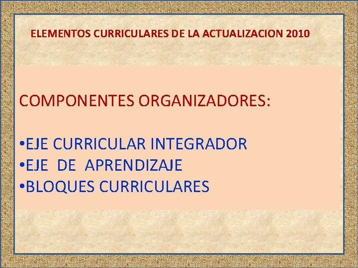 ELEMENTOS CURRICULARES DE LA ACTUALIZACION 2010 COMPONENTES ORGANIZADORES: • EJE CURRICULAR INTEGRADOR • EJE