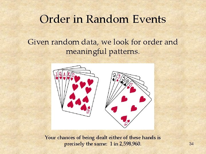 Order in Random Events Given random data, we look for order and meaningful patterns.