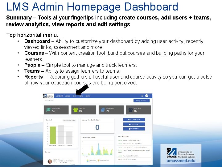 LMS Admin Homepage Dashboard Summary – Tools at your fingertips including create courses, add