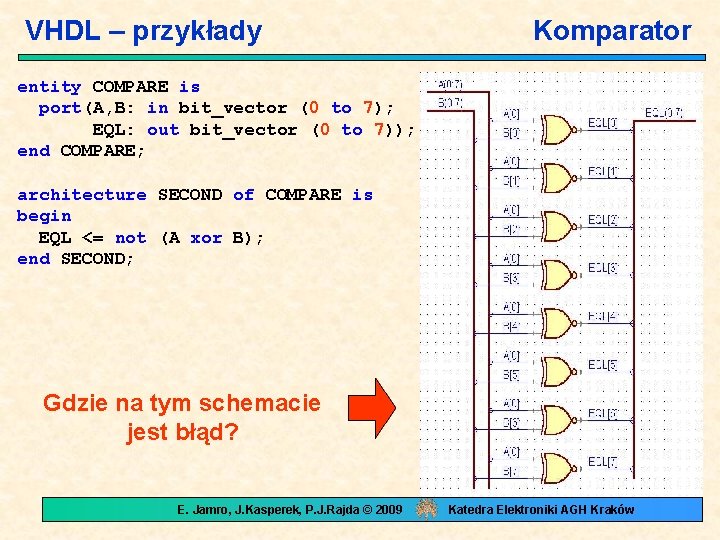 VHDL – przykłady Komparator entity COMPARE is port(A, B: in bit_vector (0 to 7);