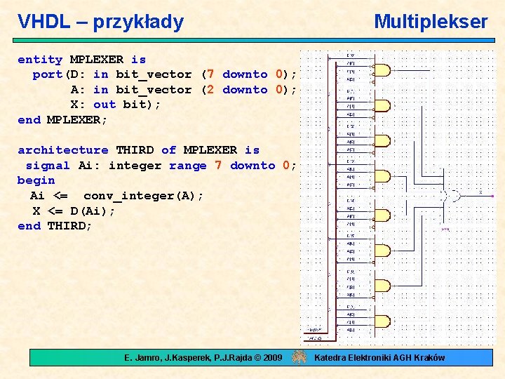 VHDL – przykłady Multiplekser entity MPLEXER is port(D: in bit_vector (7 downto 0); A: