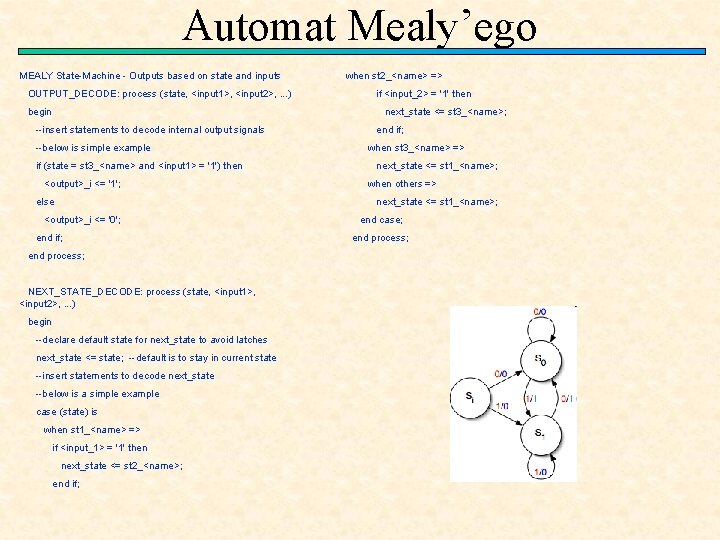 Automat Mealy’ego MEALY State-Machine - Outputs based on state and inputs OUTPUT_DECODE: process (state,