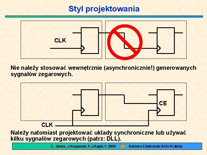 Styl projektowania CLK Nie należy stosować wewnętrznie (asynchronicznie!) generowanych sygnałów zegarowych. CE CLK Należy