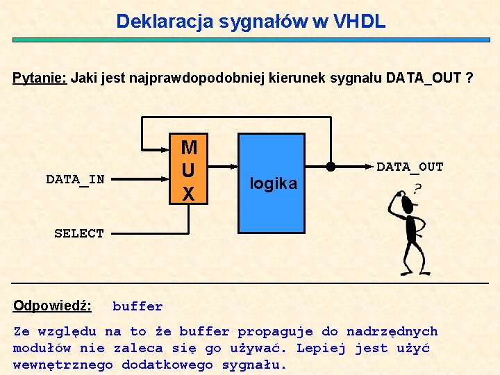 Deklaracja sygnałów w VHDL Pytanie: Jaki jest najprawdopodobniej kierunek sygnału DATA_OUT ? M U