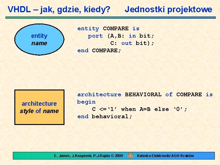 VHDL – jak, gdzie, kiedy? Jednostki projektowe entity COMPARE is port (A, B: in