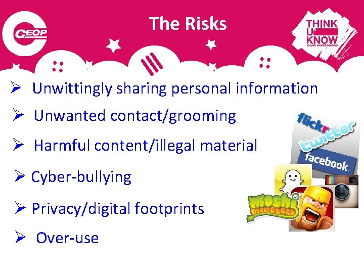 The Risks Ø Unwittingly sharing personal information Ø Unwanted contact/grooming Ø Harmful content/illegal material