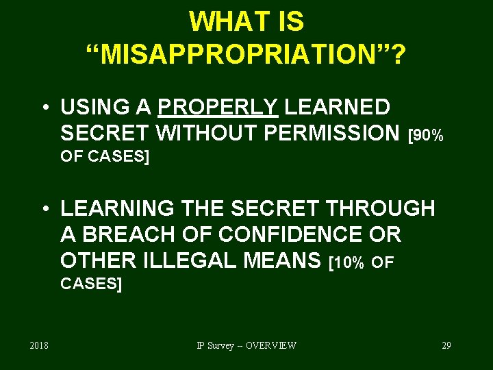WHAT IS “MISAPPROPRIATION”? • USING A PROPERLY LEARNED SECRET WITHOUT PERMISSION [90% OF CASES]