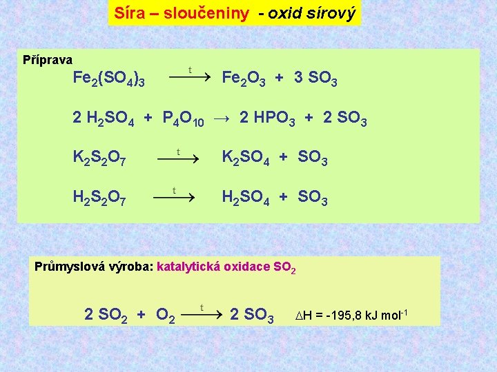 Síra – sloučeniny - oxid sírový Příprava Fe 2(SO 4)3 Fe 2 O 3