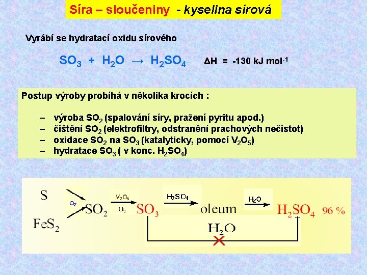Síra – sloučeniny - kyselina sírová Vyrábí se hydratací oxidu sírového SO 3 +