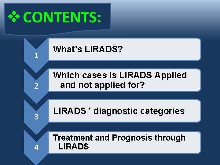 v CONTENTS: 1 2 3 4 What’s LIRADS? Which cases is LIRADS Applied and