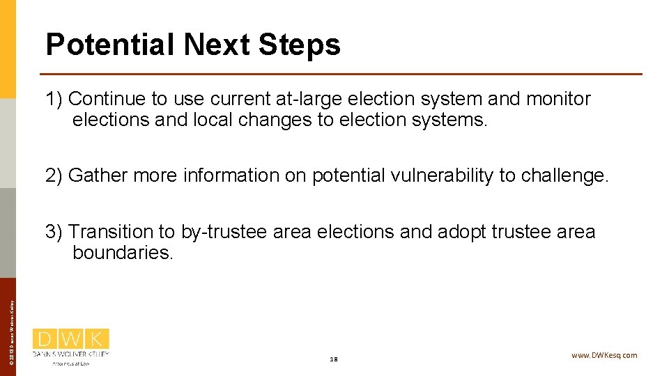 Potential Next Steps 1) Continue to use current at-large election system and monitor elections